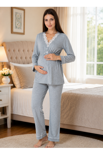 Effortt 3052 Gri Dantel Detaylı Lohusa Pijama Takımı Effortt 3052 Gri Dantel Detaylı Lohusa Pijama Takımı